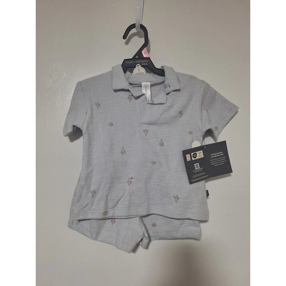 Modern Moments Gerber 18m 2 Piece Polo Shirt & Shorts Set Blue Cactus NWT